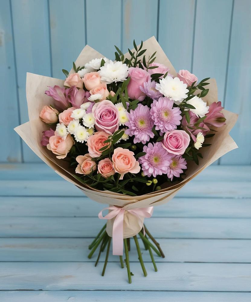 Букет цветов из: Хризантемы, Розы и Альстромерии в Коркино