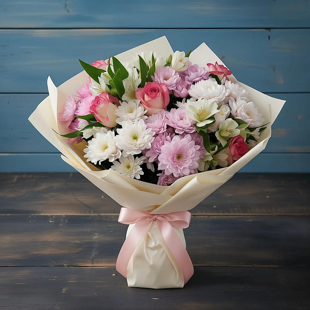 Букет цветов из: Хризантемы, Альстромерии и Розы в Коркино